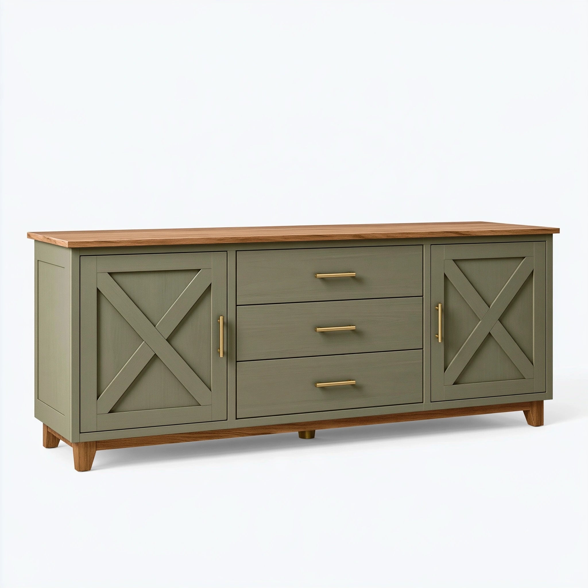 Credenza 160 x 45 x 85 cm in legno verde oliva con 3 cassetti e 2 ante stile rustico