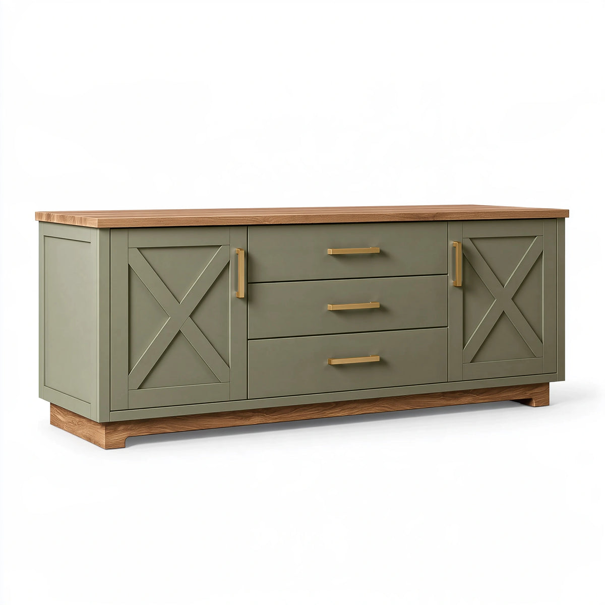 Credenza 180 x 45 x 90 cm in legno verde oliva con ante e cassetti stile rustico