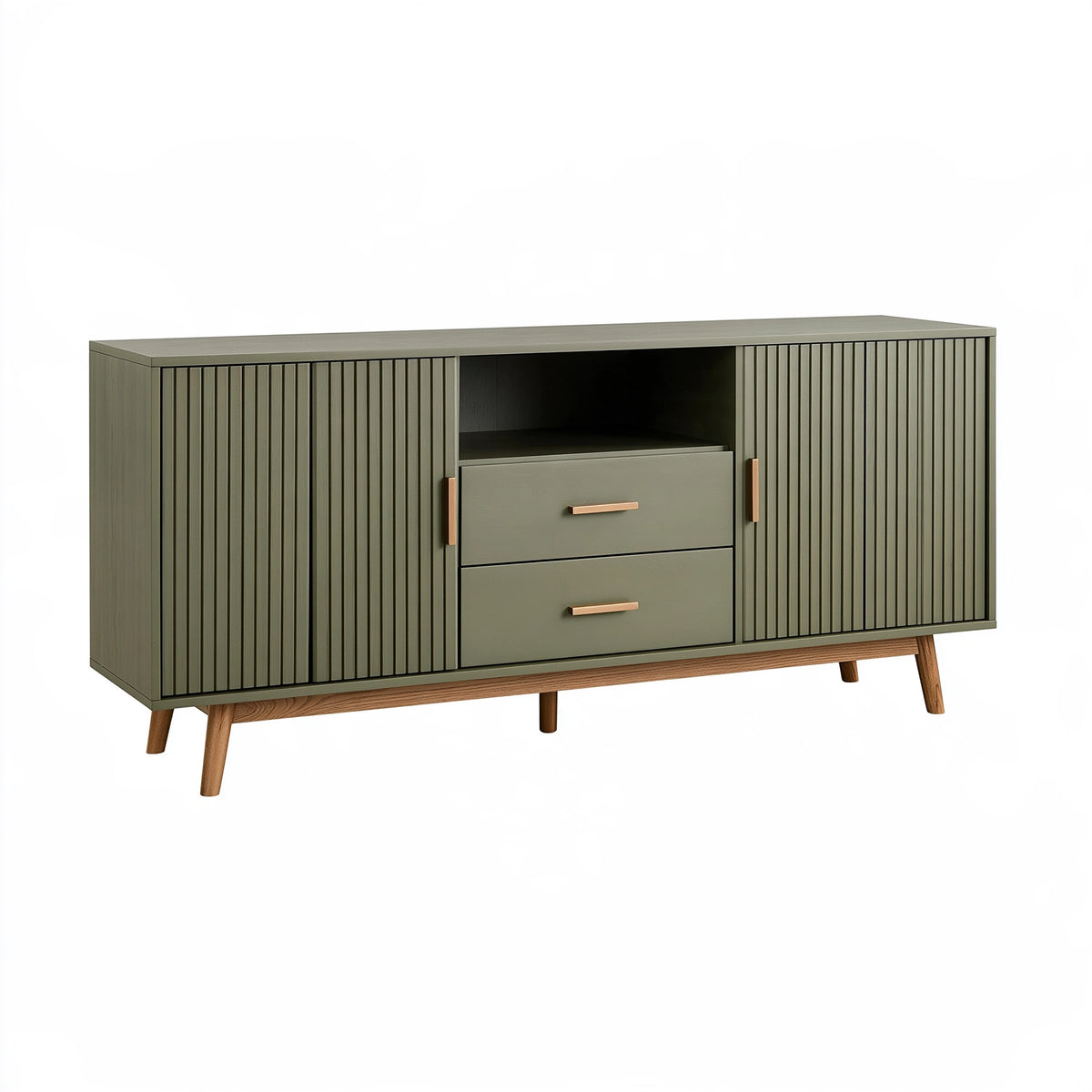 Credenza 150 x 40 x 85 cm in legno verde oliva con ante scanalate e cassetti