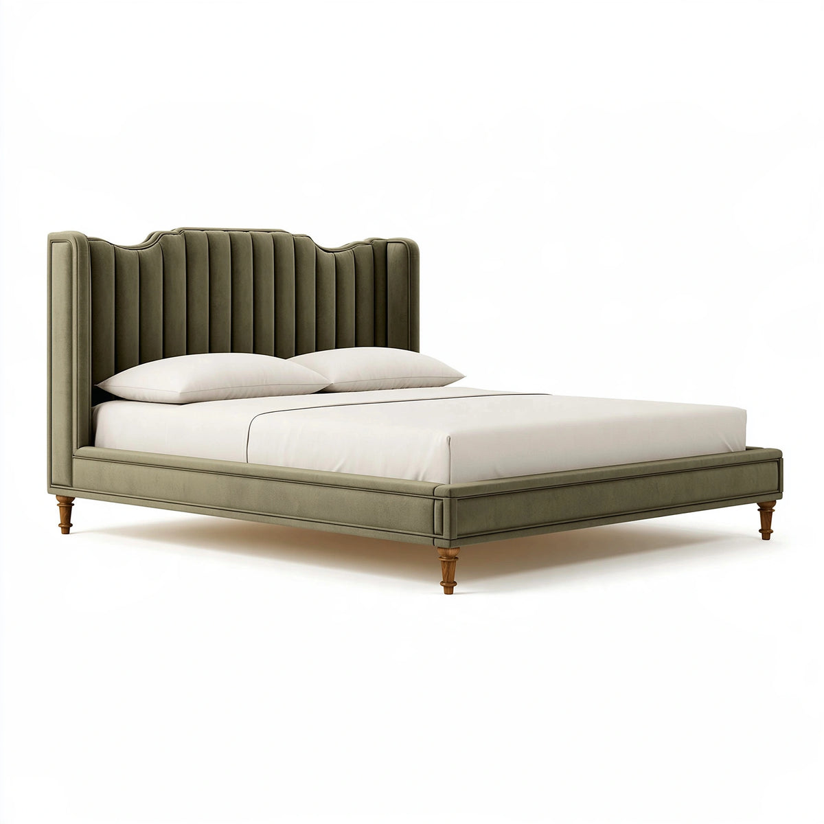 Letto matrimoniale 180 x 200 cm in velluto verde oliva con testiera imbottita stile classico