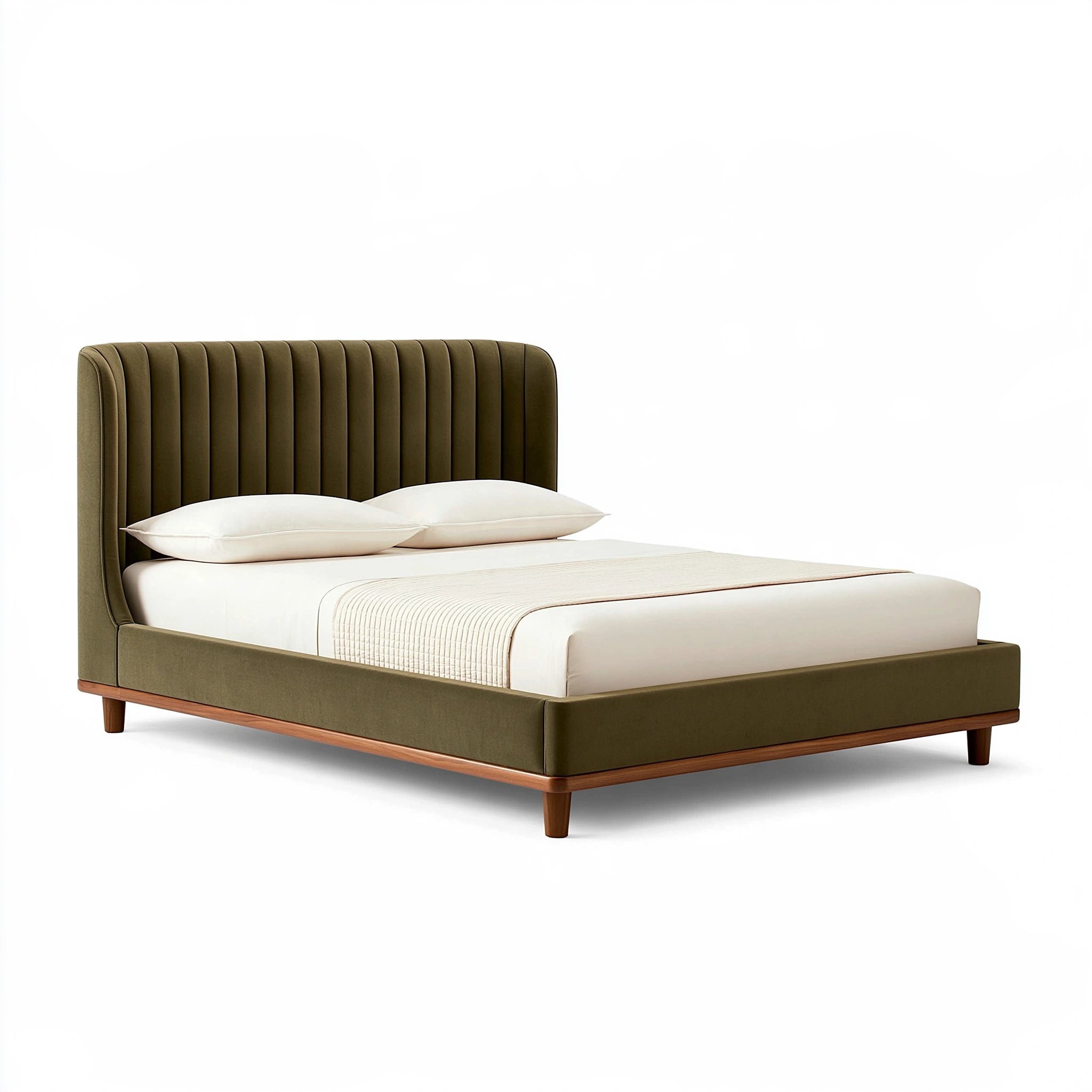 Letto matrimoniale 160 x 200 cm in tessuto verde oliva con testiera imbottita scanalata stile moderno