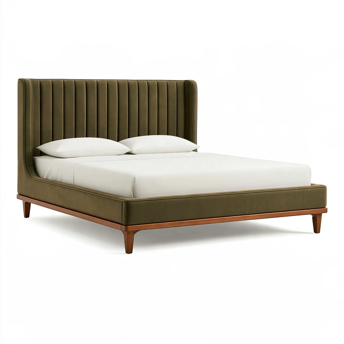 Letto matrimoniale 160 x 200 cm in tessuto verde oliva con struttura in legno - testiera imbottita a canali verticali