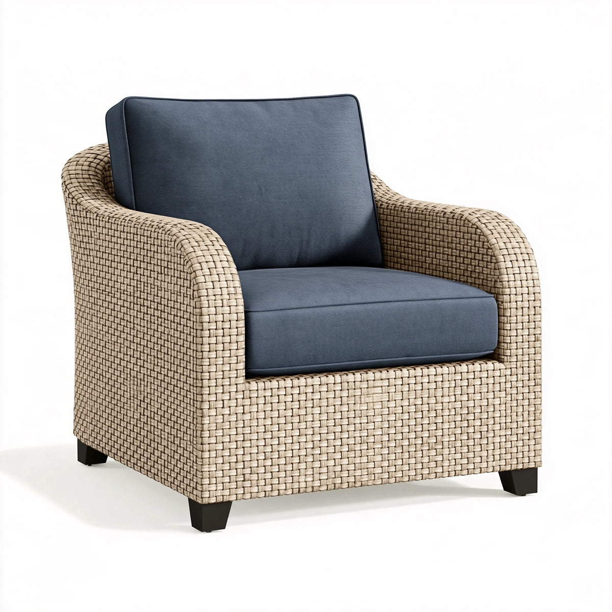 Poltrona da esterno 82 x 85 x 88 cm in fibra intrecciata beige e tessuto blu stile contemporaneo