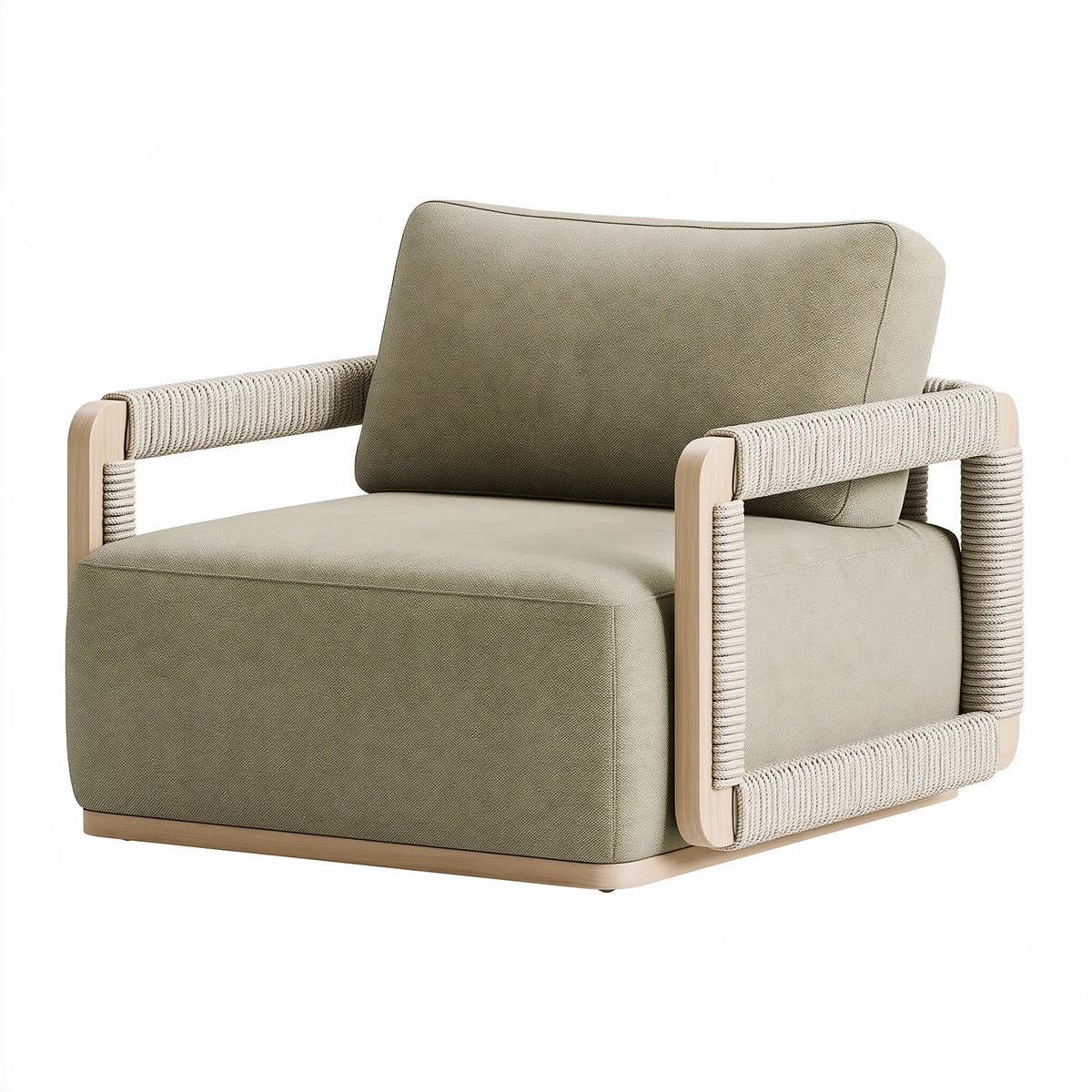 Poltrona 85 x 90 x 90 cm in tessuto beige e legno con braccioli intrecciati stile contemporaneo