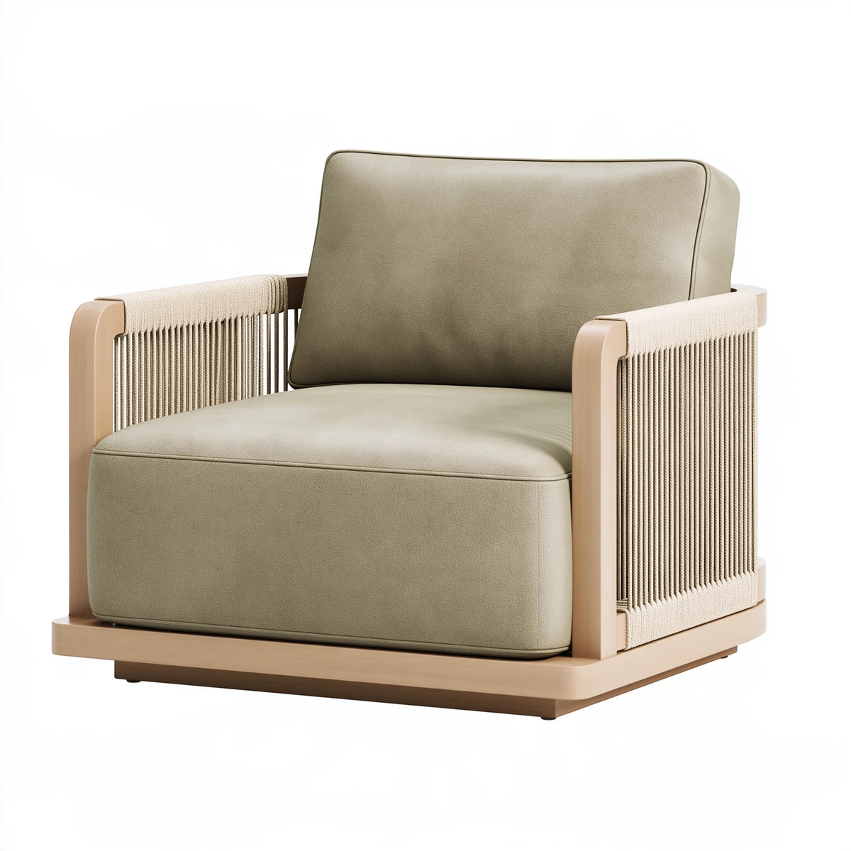 Poltrona 85 x 90 x 82 cm in legno e tessuto beige con braccioli intrecciati stile contemporaneo