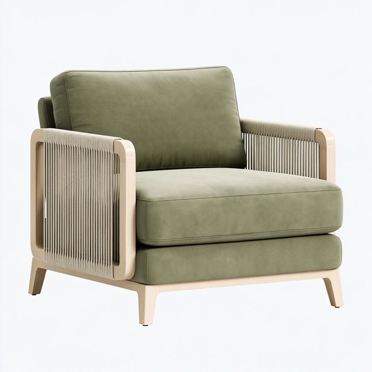 Poltrona 85 x 82 x 88 cm in tessuto verde con struttura in legno e braccioli intrecciati stile moderno
